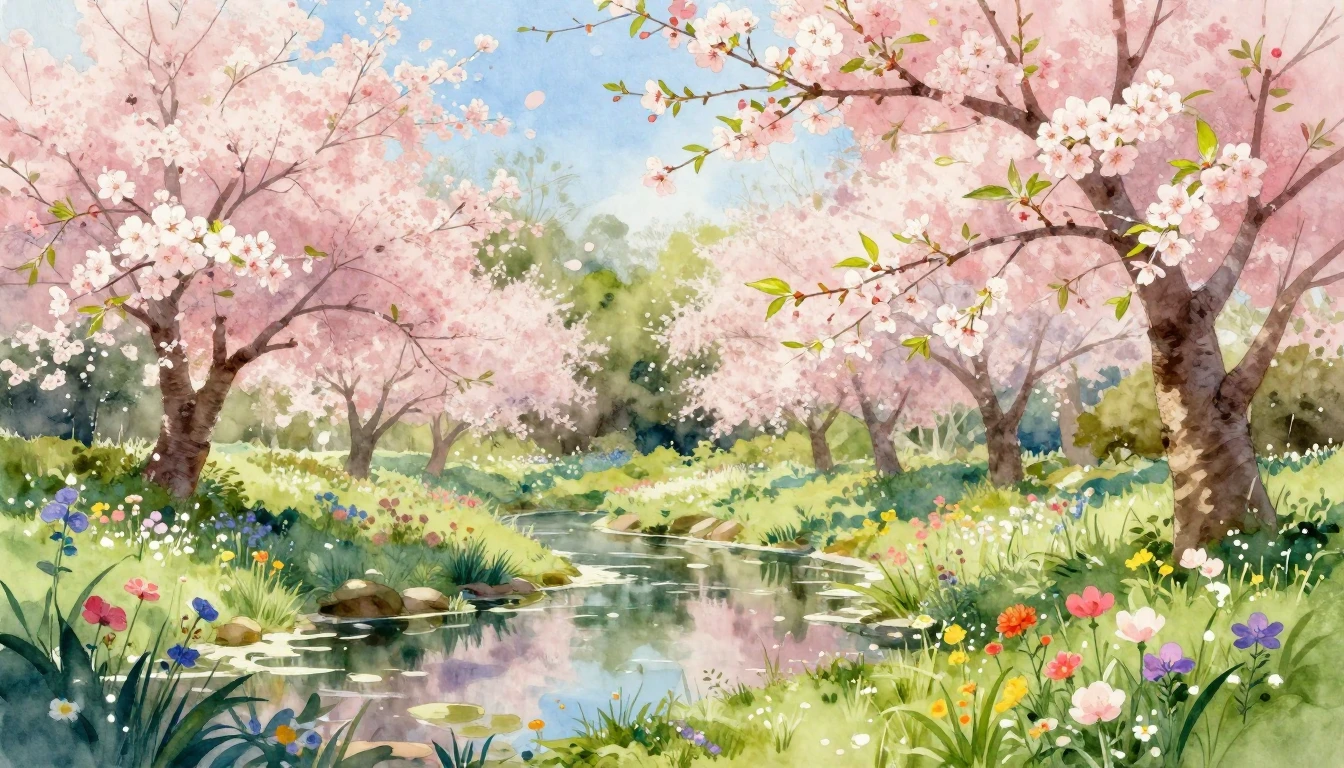 A beautiful watercolor painting of a lush spring garden in f...