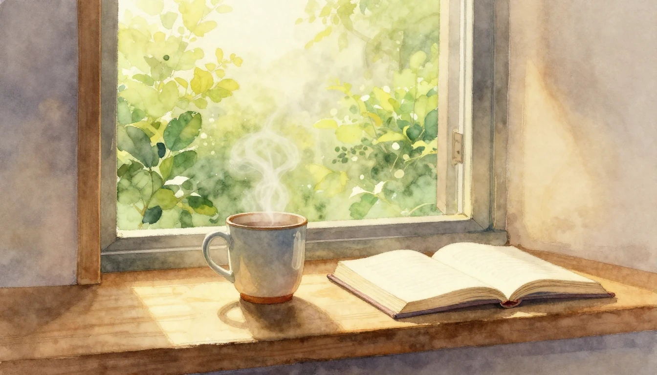 A soft watercolor painting of a cozy sunlit room during earl...