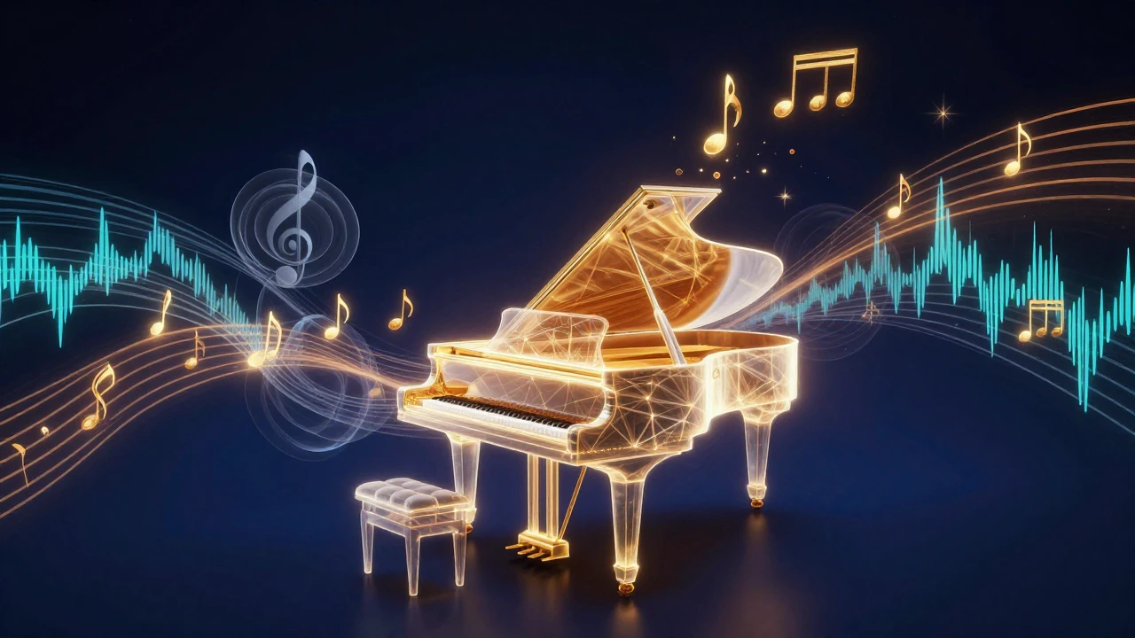 A surreal visualization of musical harmony. In the center, a...