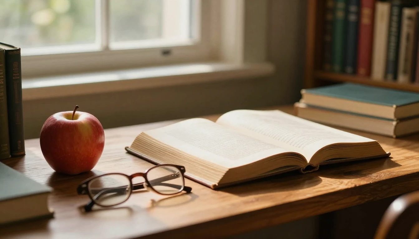 A warm and cozy study desk bathed in soft, golden sunlight s...