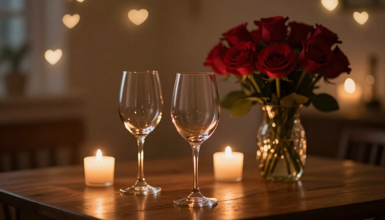A serene and romantic scene featuring two elegant wine glass...