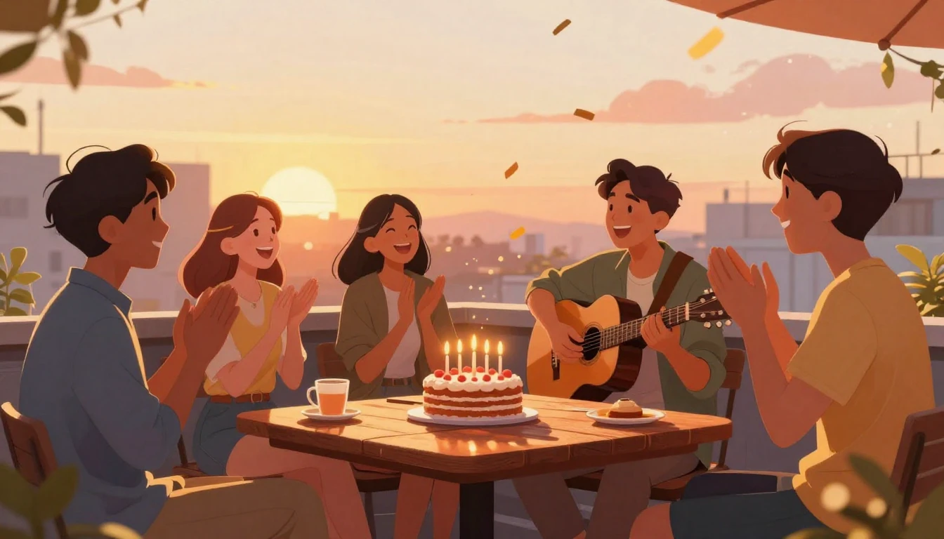 A vibrant digital art illustration of a group of friends cel...