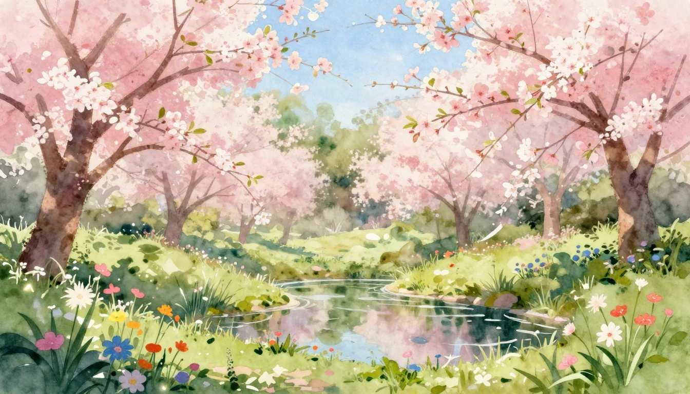 A beautiful watercolor painting of a lush spring garden in f...