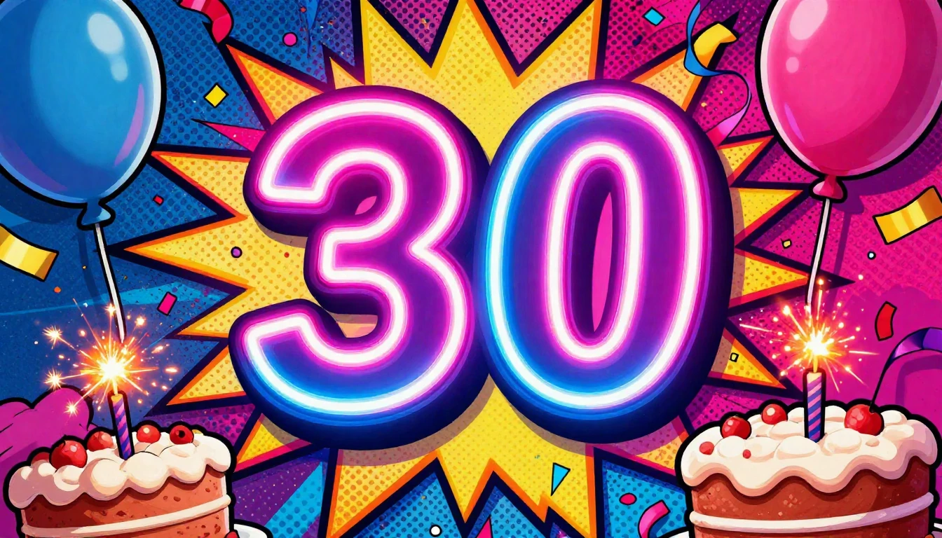 A vibrant and energetic album cover celebrating a 30th birth...