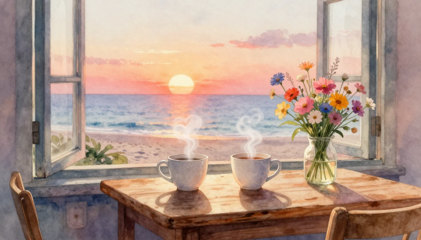 A soft and artistic watercolor painting depicting a cozy woo...