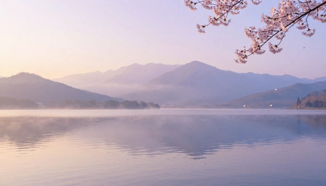 A tranquil landscape featuring a still mountain lake at dawn...