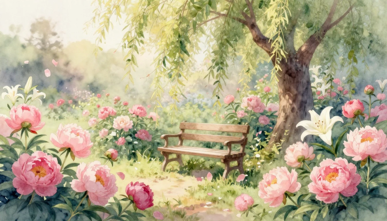 A soft and delicate watercolor painting of a blooming garden...