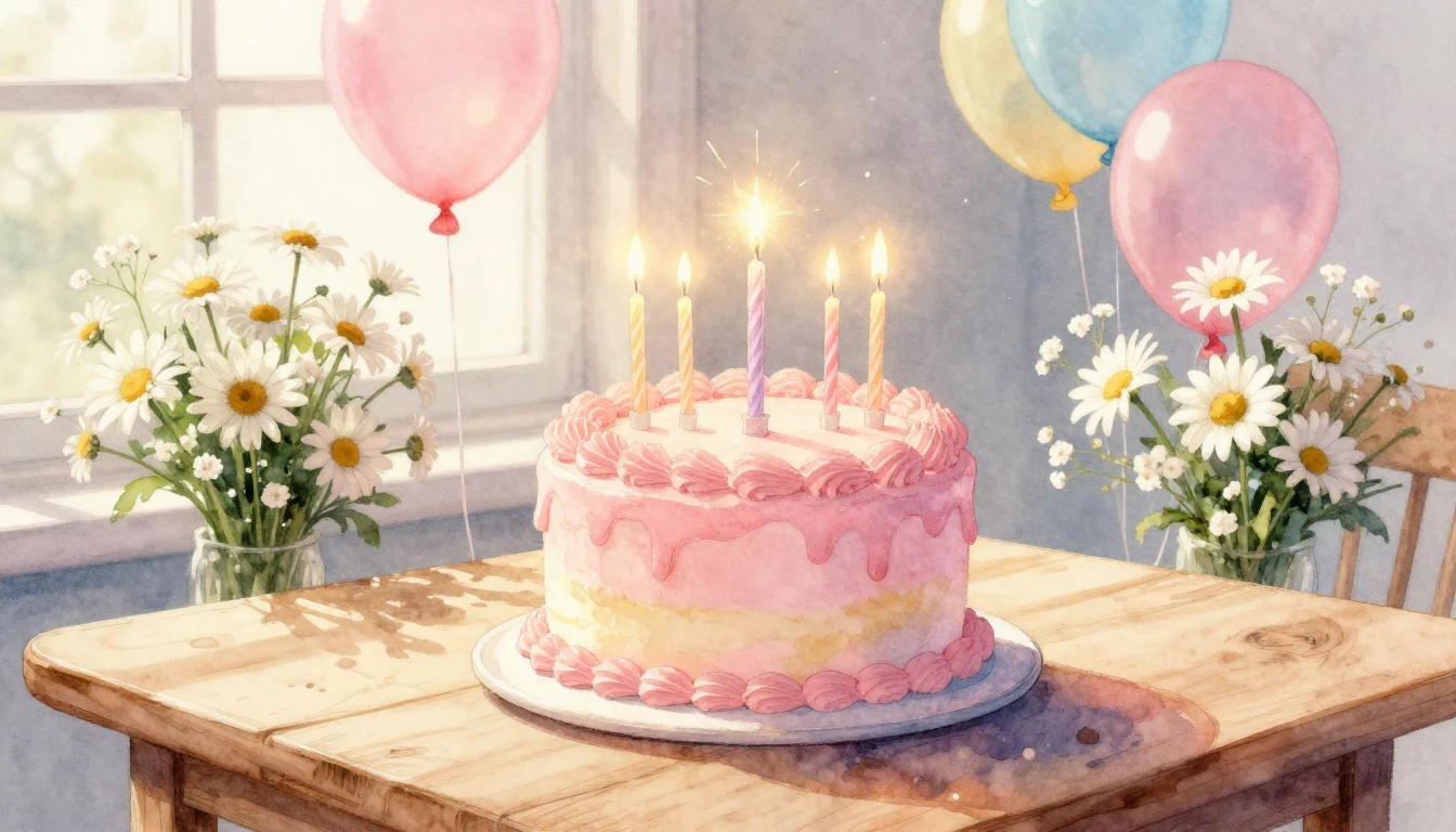 A whimsical and soft watercolor painting of a birthday celeb...