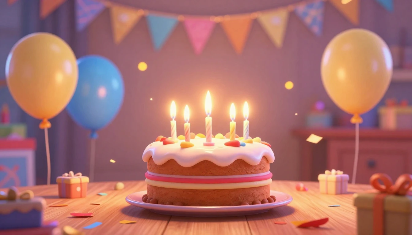 A vibrant and joyful 3D animated scene celebrating a birthda...