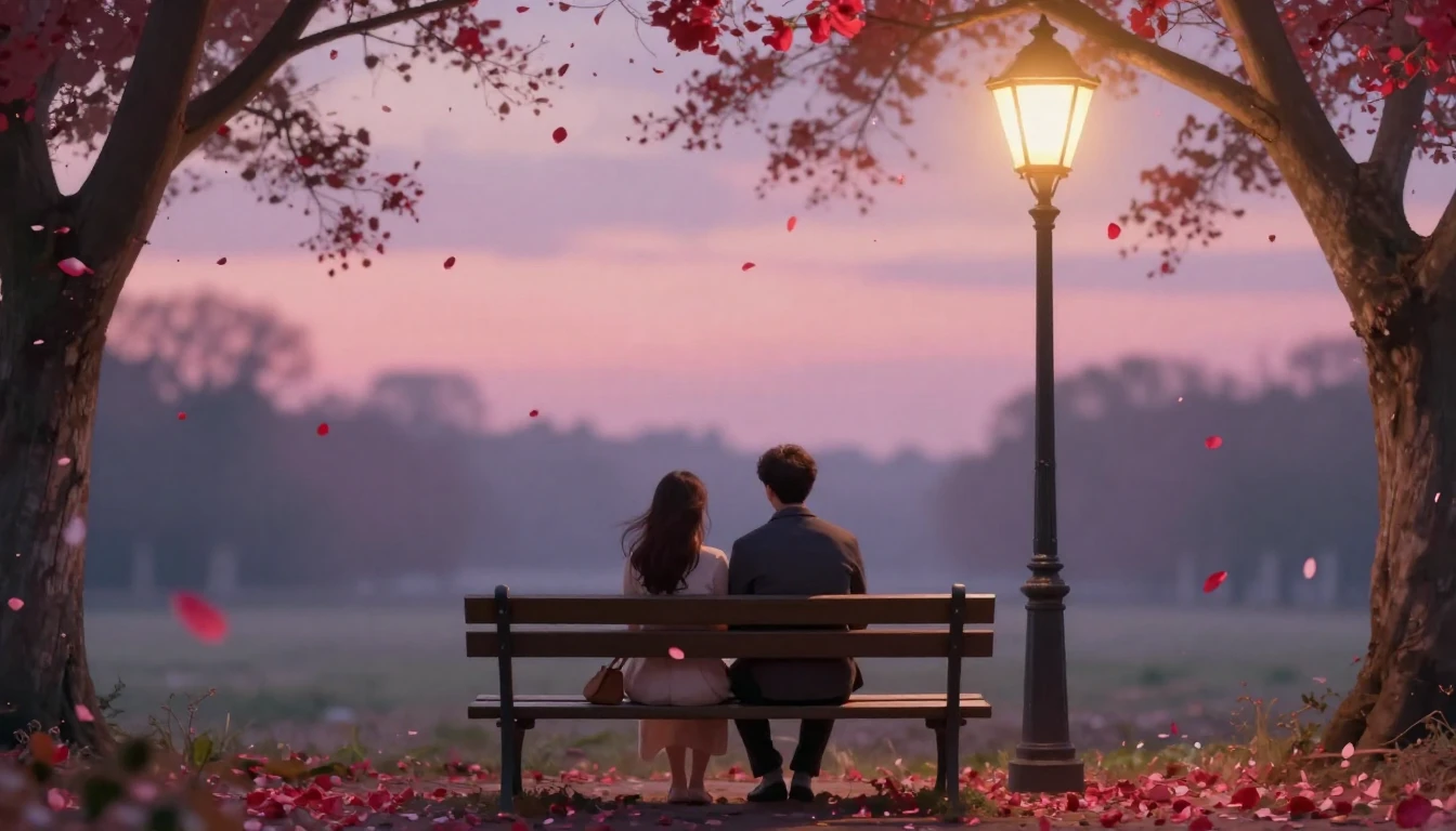 A romantic and soft composition depicting a couple sitting o...