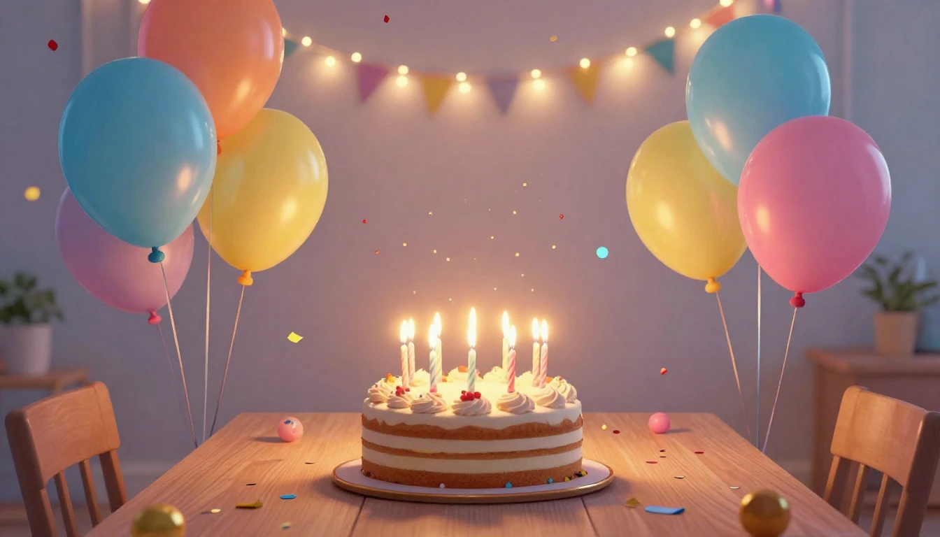 A vibrant digital art scene showing a festive birthday celeb...