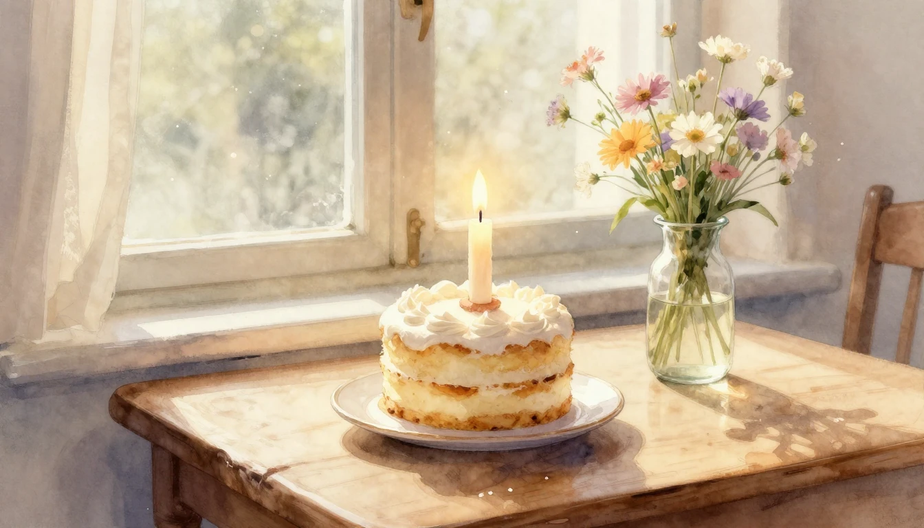 A soft watercolor painting of a single lit candle on a small...