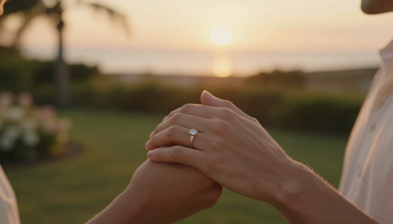A romantic cinematic close-up shot of a couple holding hands...