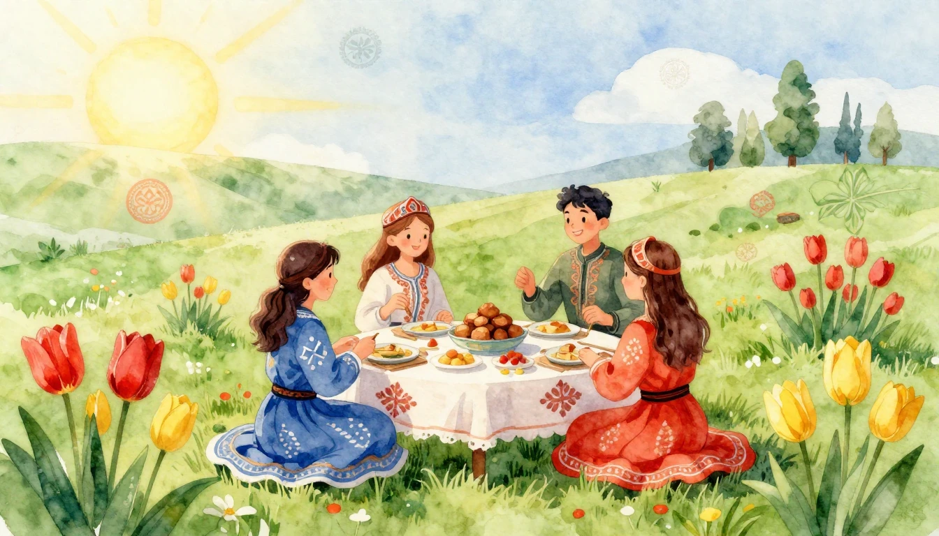 A beautiful watercolor painting celebrating the Nauryz sprin...