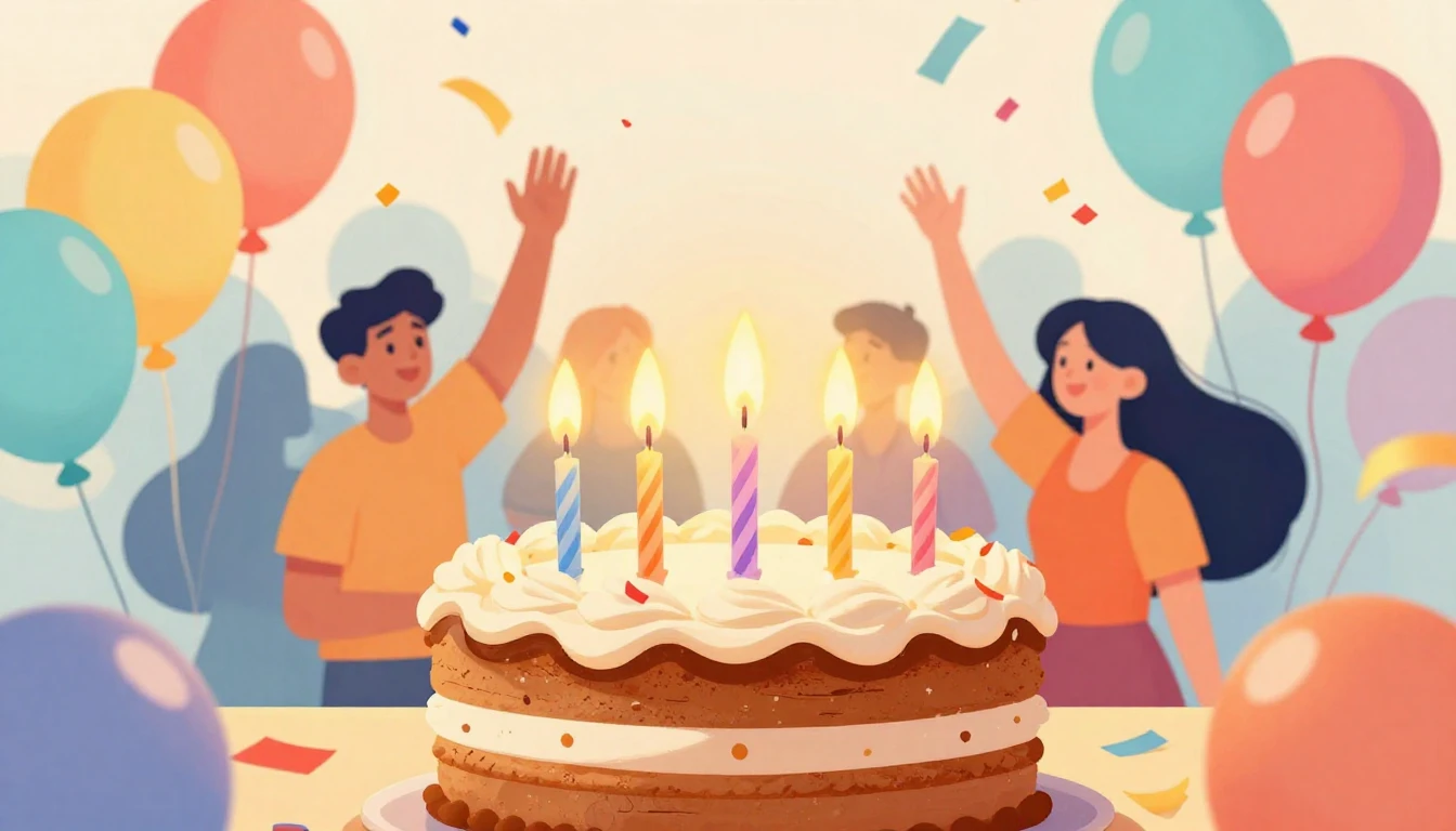 A vibrant and festive illustration celebrating a birthday. T...