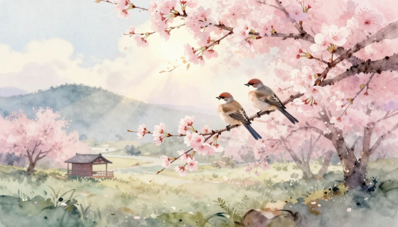 A delicate watercolor painting of a serene landscape in earl...