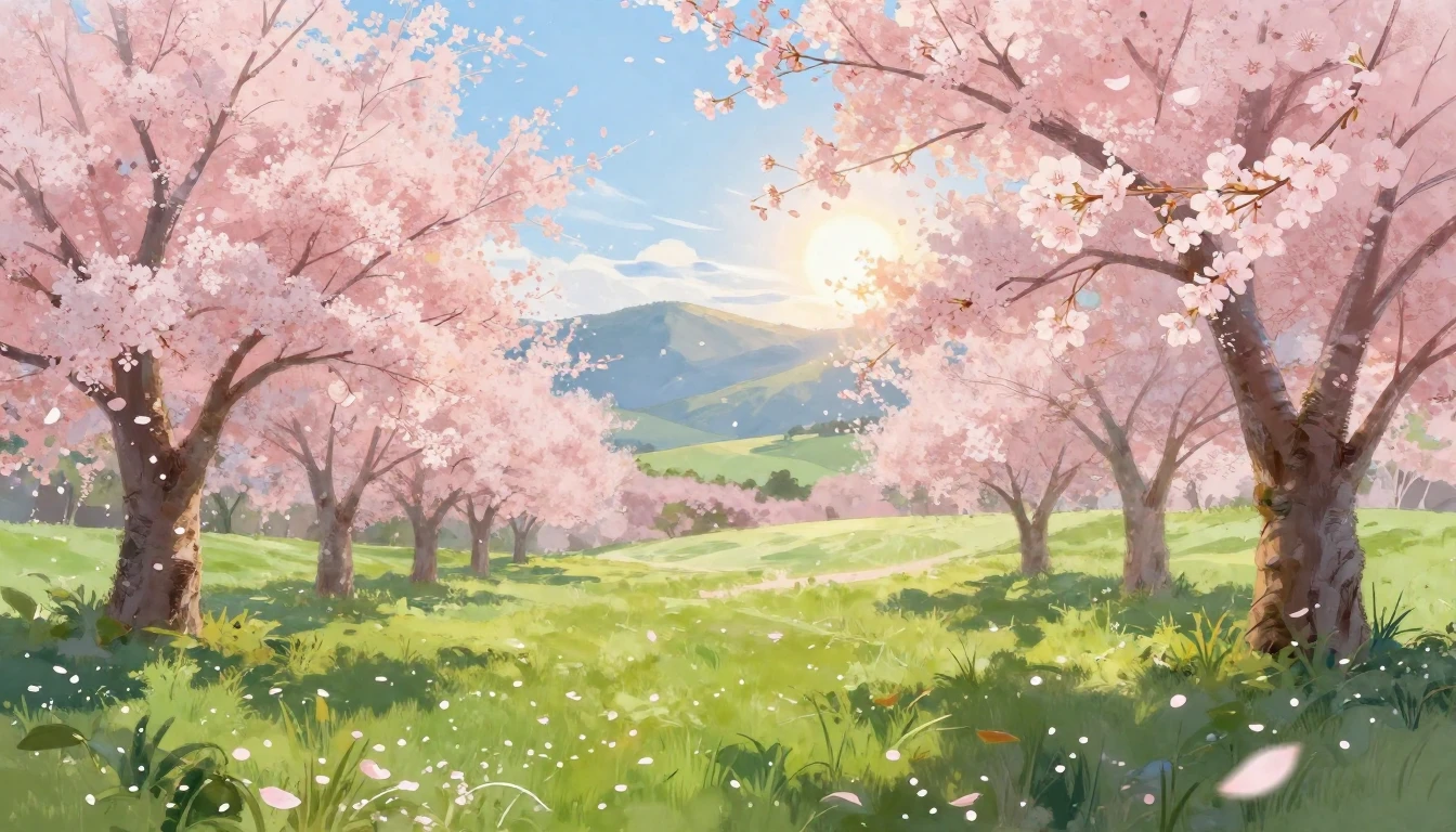 A breathtaking spring landscape. Delicate cherry blossom tre...