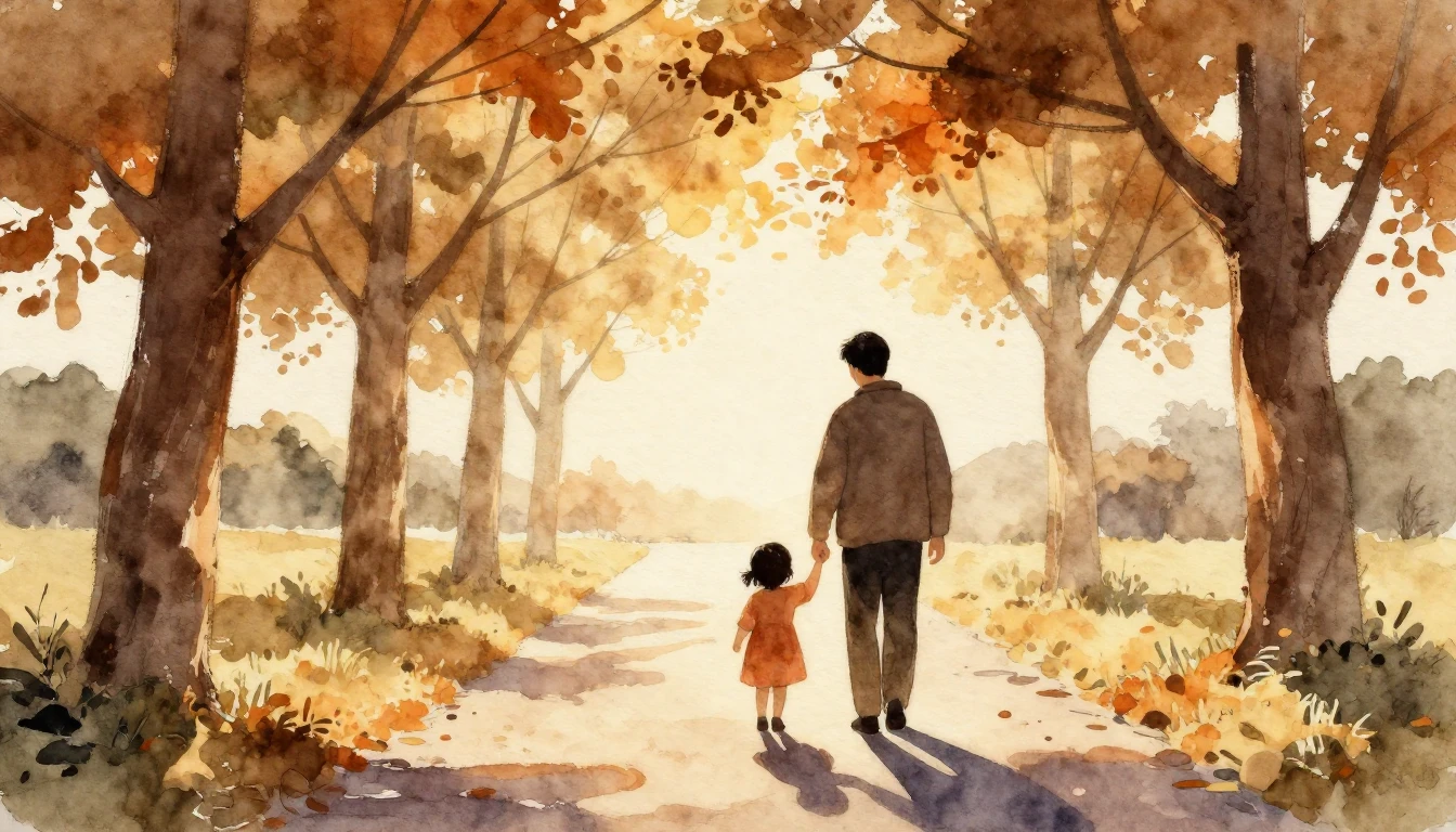 A heartwarming watercolor painting depicting a silhouette of...
