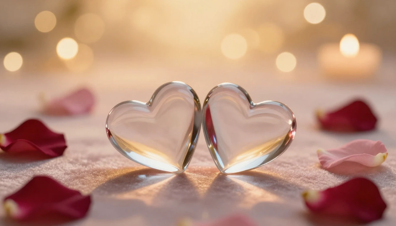 A serene and romantic scene featuring two elegant glass hear...