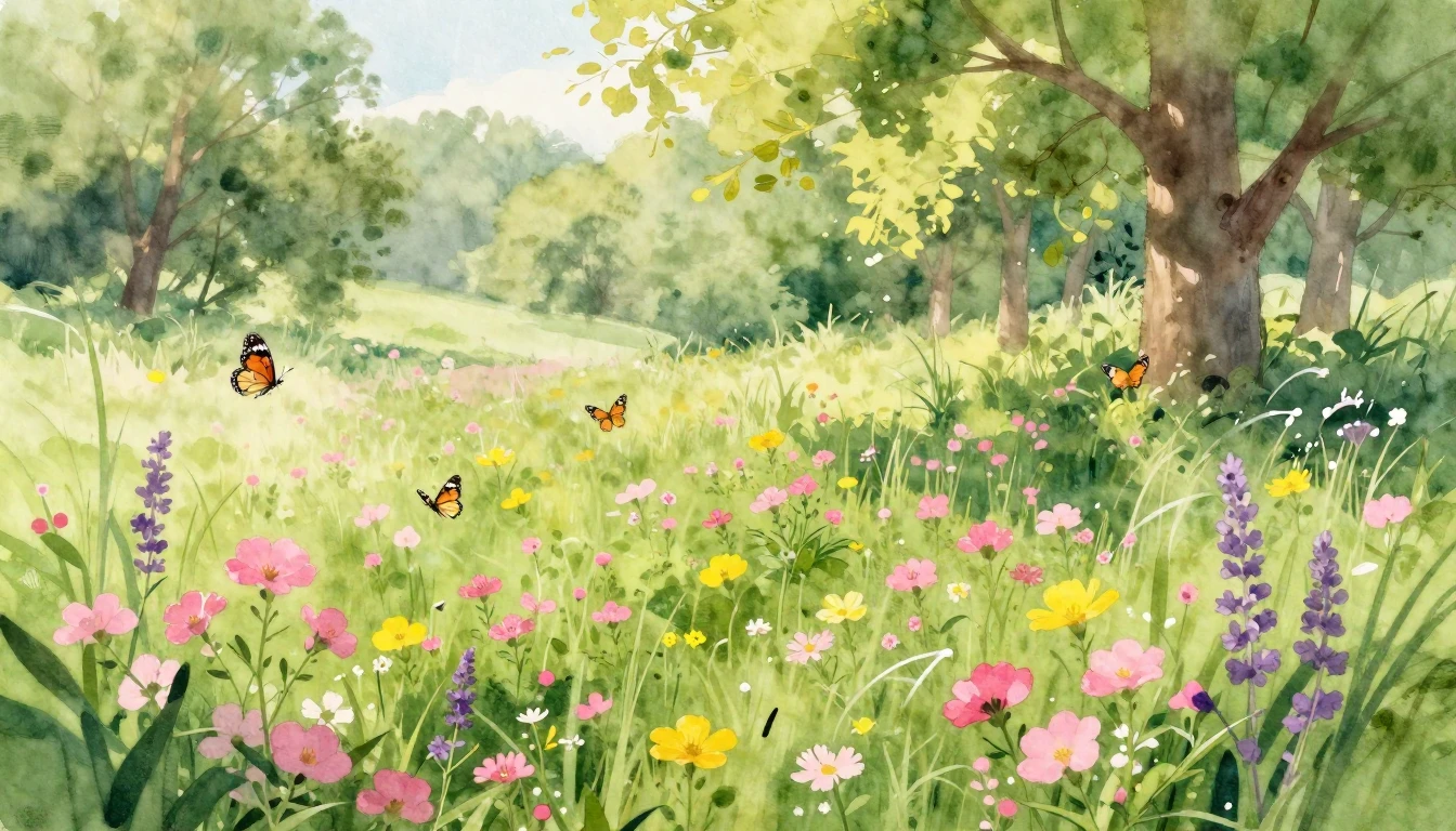 A vibrant spring landscape filled with blooming wildflowers ...