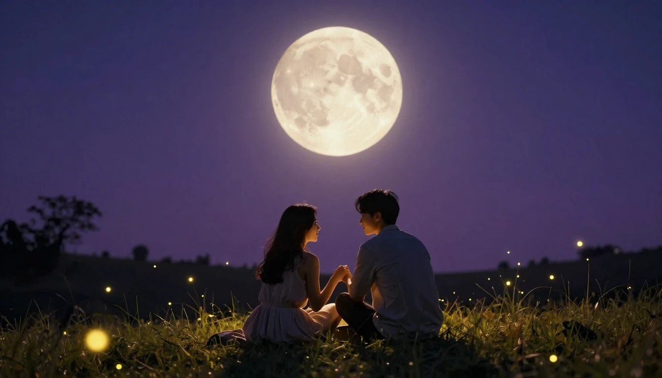 A romantic scene featuring a couple sitting on a grassy hill...