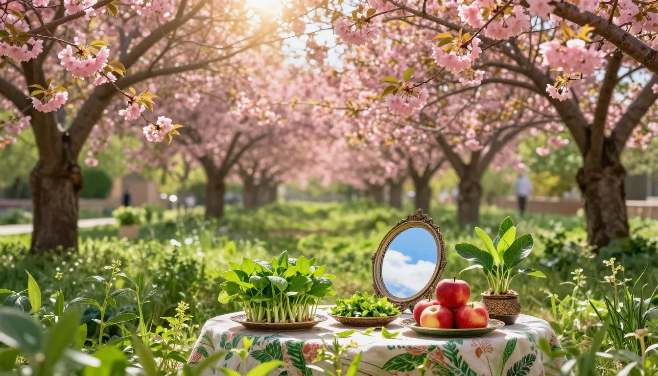 A lush Persian garden in full bloom during the spring equino...