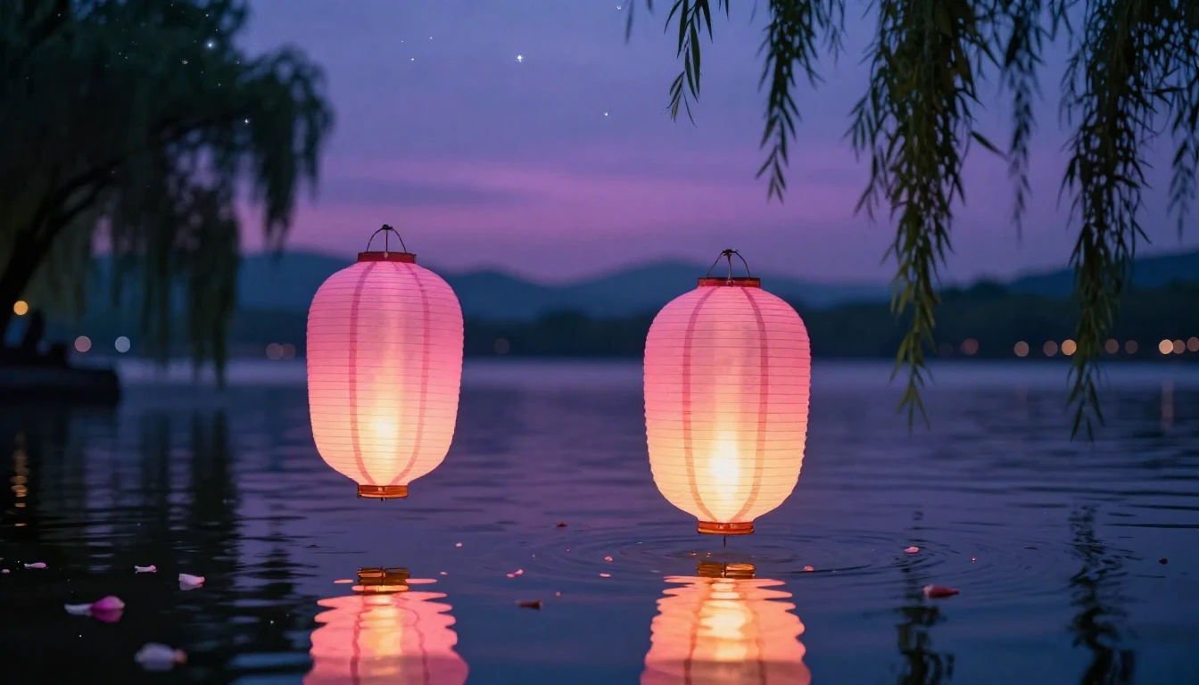 A beautiful and romantic scene featuring two glowing paper l...