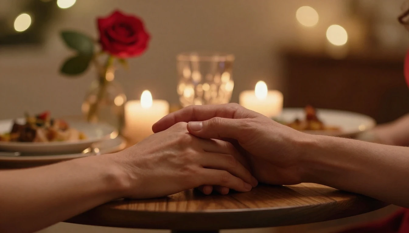 A warm and romantic close-up scene showing two hands holding...