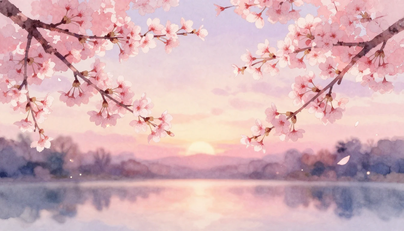 A soft watercolor painting of two delicate cherry blossom br...