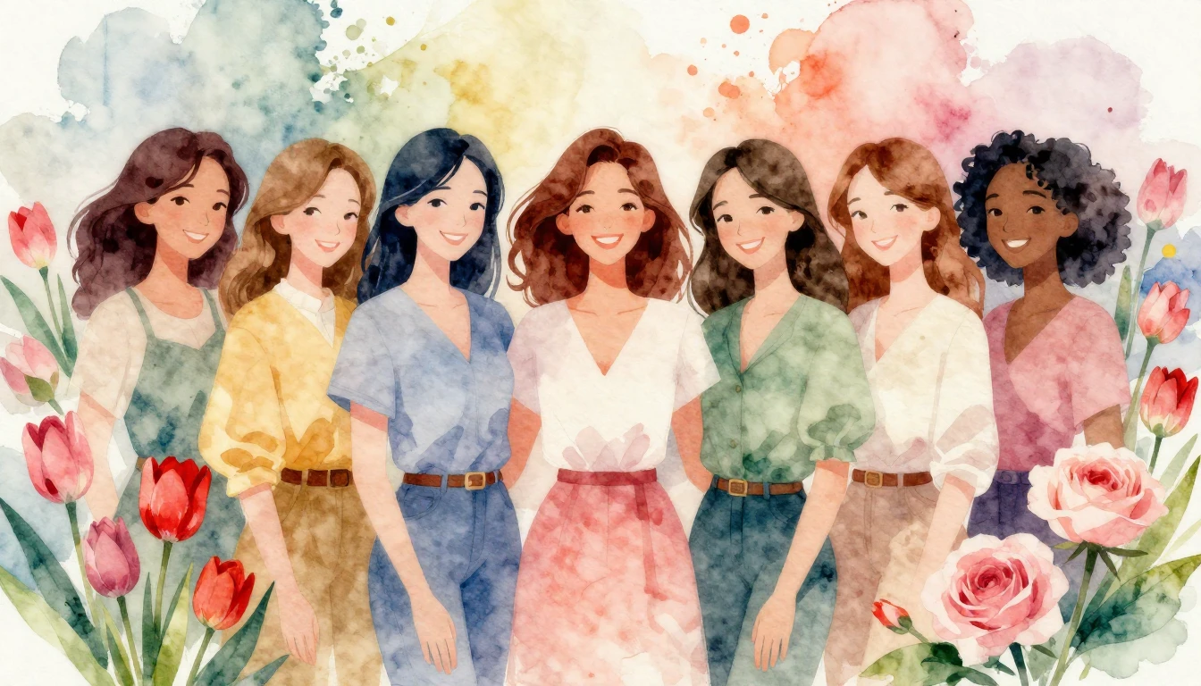 A beautiful, vibrant watercolor painting of a diverse group ...