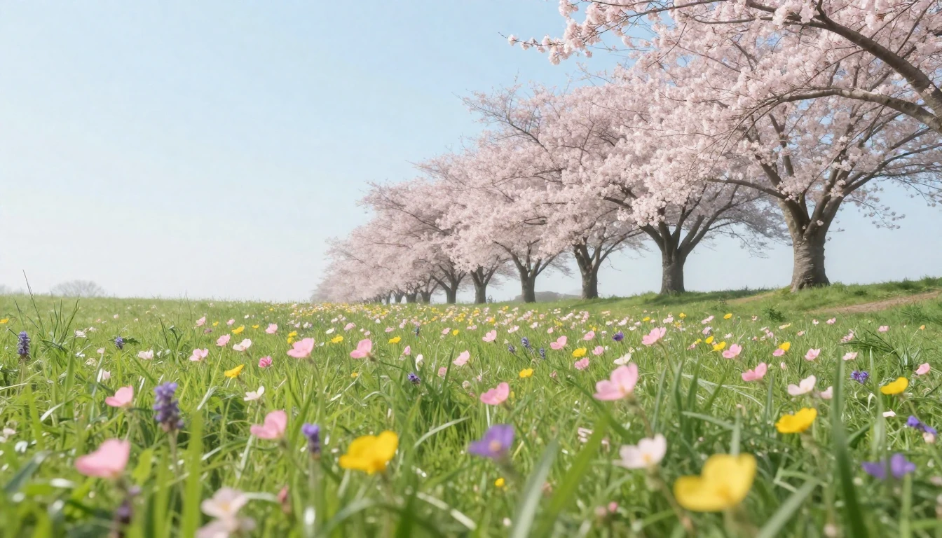 A serene landscape featuring a lush green meadow filled with...