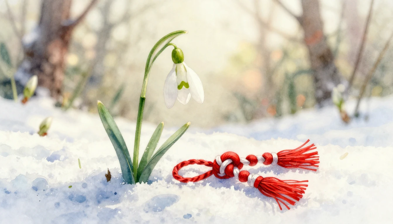 A delicate watercolor painting of a snowdrop flower emerging...