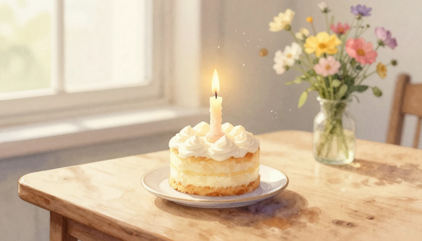 A soft watercolor painting of a single lit candle on a small...