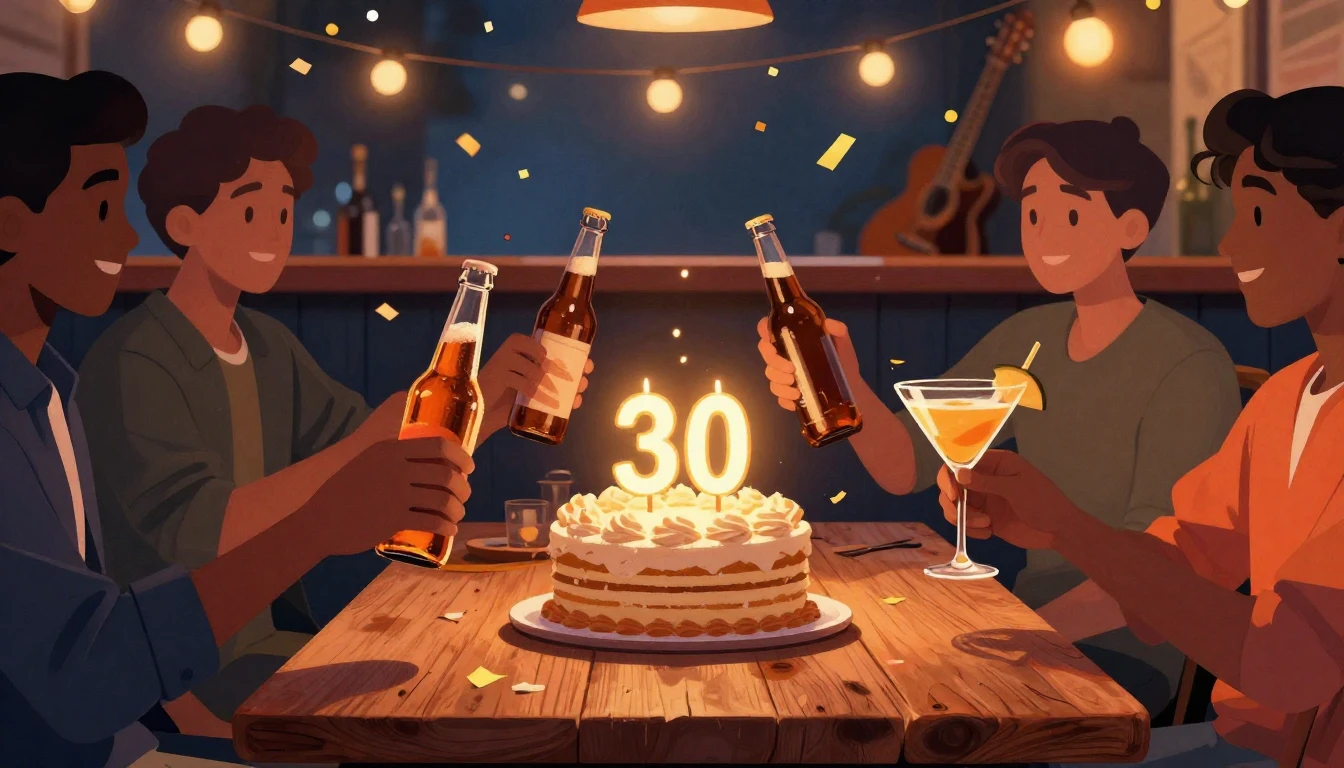 A festive and stylish 30th birthday celebration scene, digit...