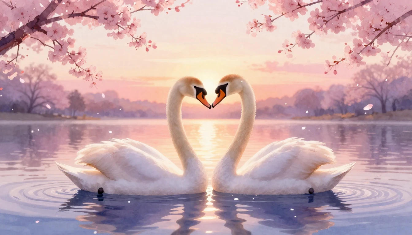 A dreamy watercolor illustration of two elegant swans formin...