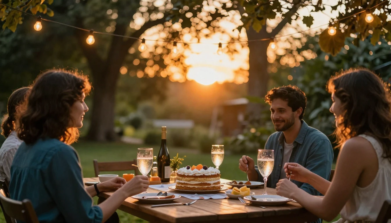 A vibrant and warm scene featuring a cozy outdoor garden par...