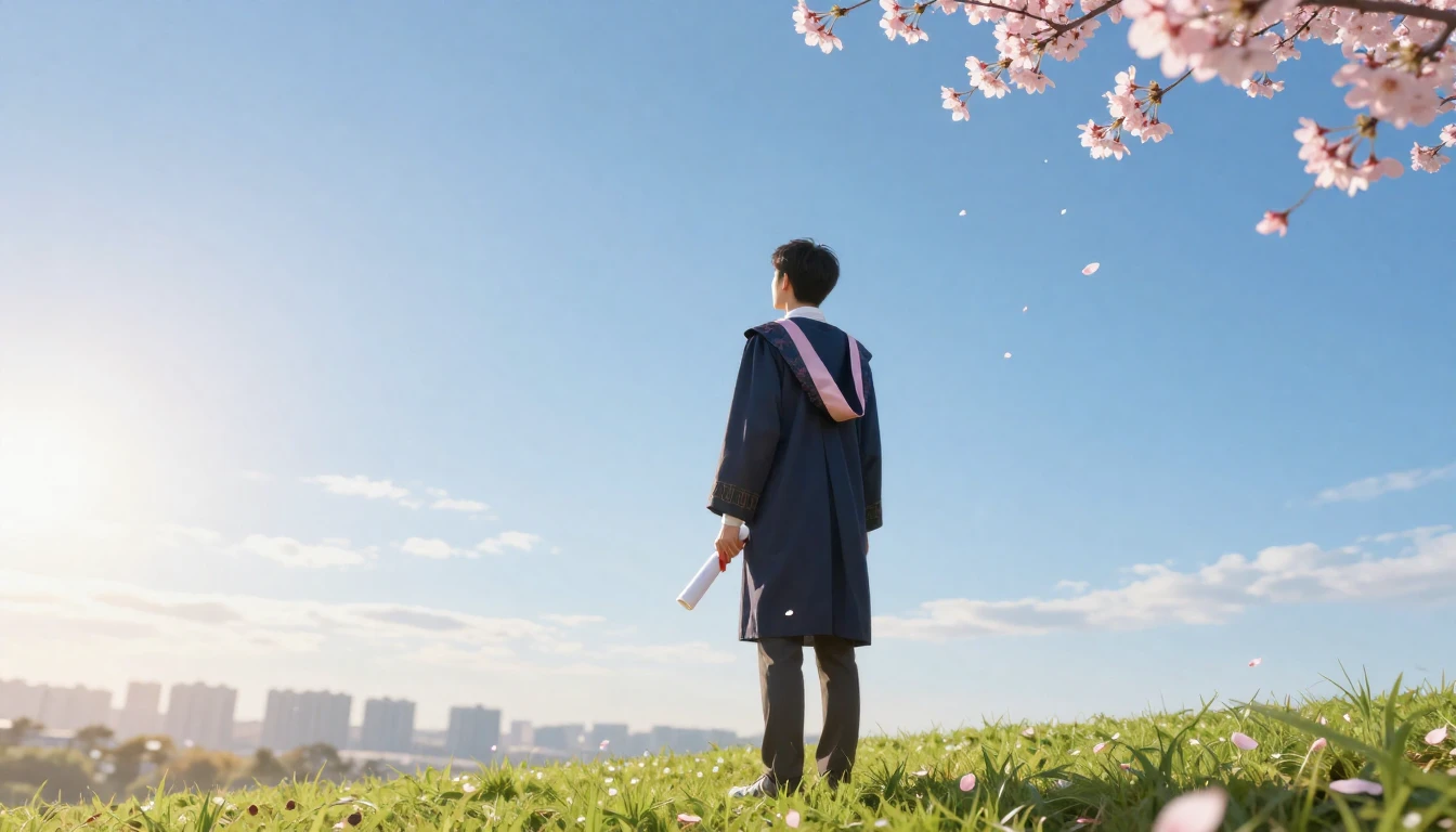 A young graduate standing on a grassy hill at sunrise, back ...
