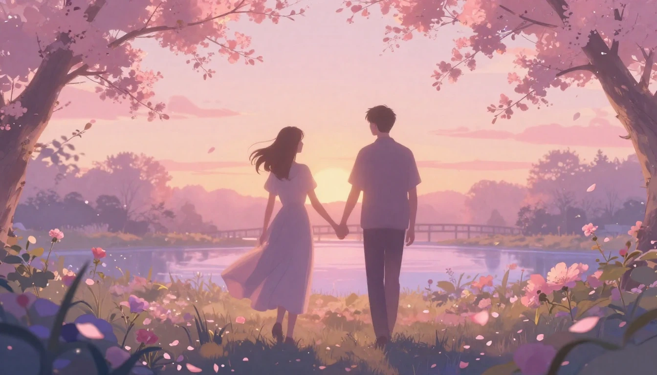 A soft and ethereal scene depicting two silhouettes walking ...