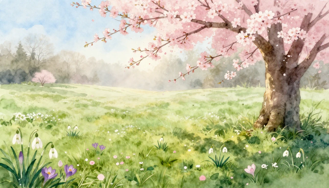 A beautiful watercolor painting of a lush green meadow at da...