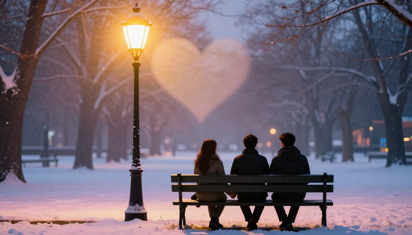 A romantic and dreamy scene featuring two silhouettes holdin...
