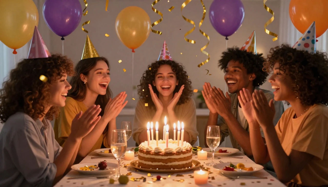 A vibrant and festive birthday celebration scene featuring a...