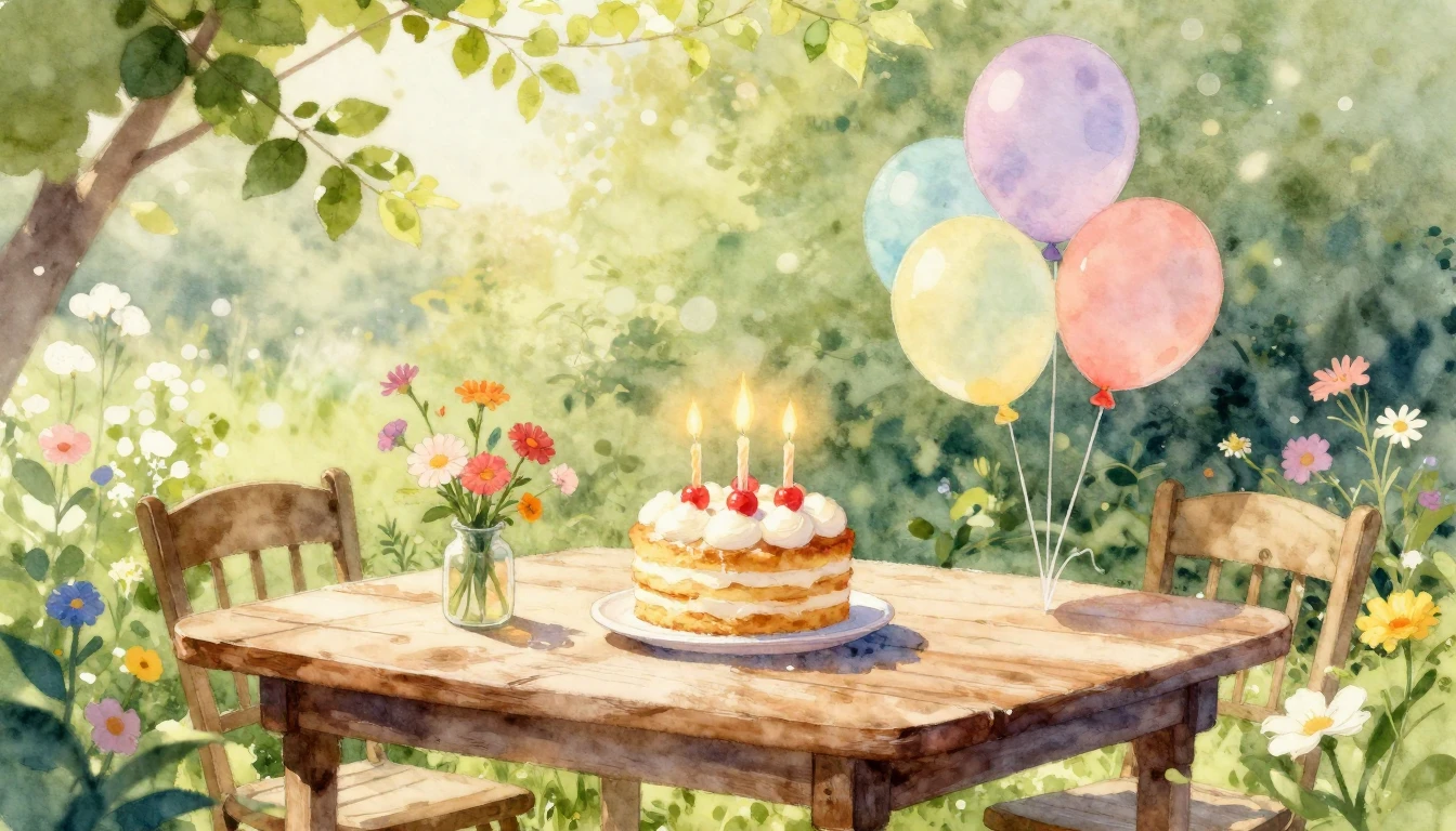 A bright and cheerful watercolor painting depicting a rustic...