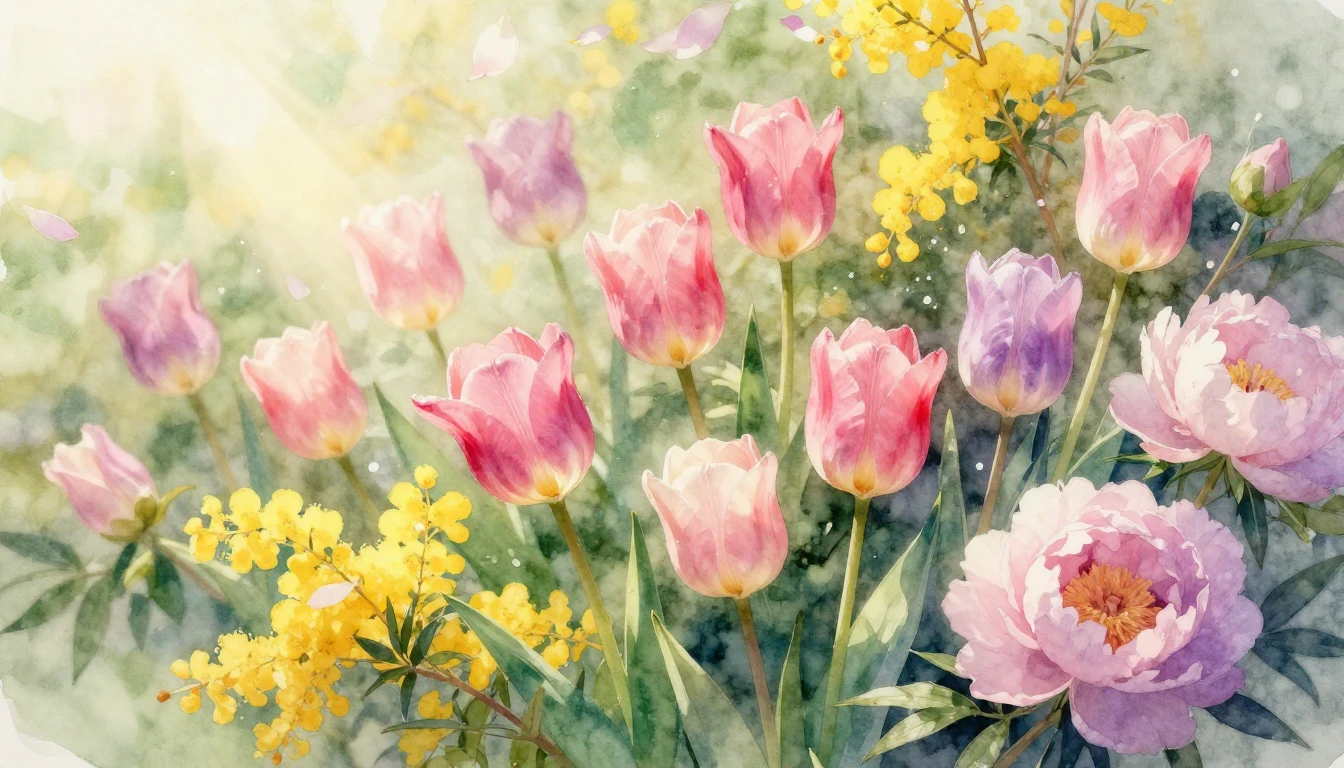 A beautiful and vibrant watercolor painting of a lush spring...