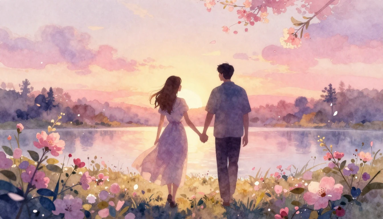 A soft watercolor painting of two silhouettes walking hand-i...