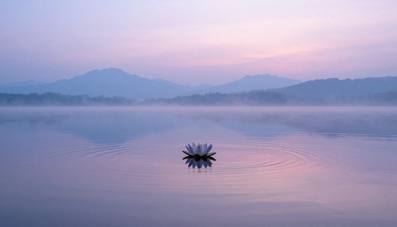 A tranquil landscape featuring a still lake reflecting a sof...