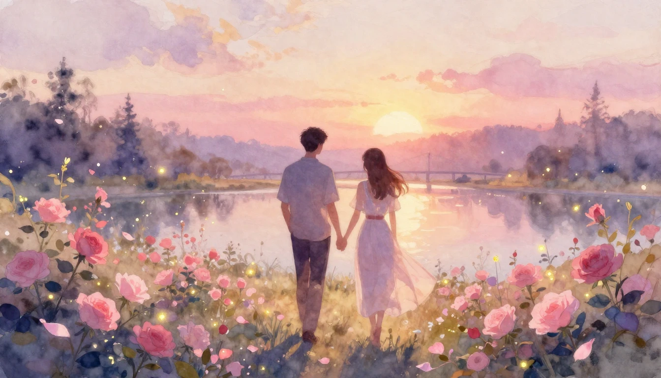 A soft and ethereal watercolor painting depicting two silhou...