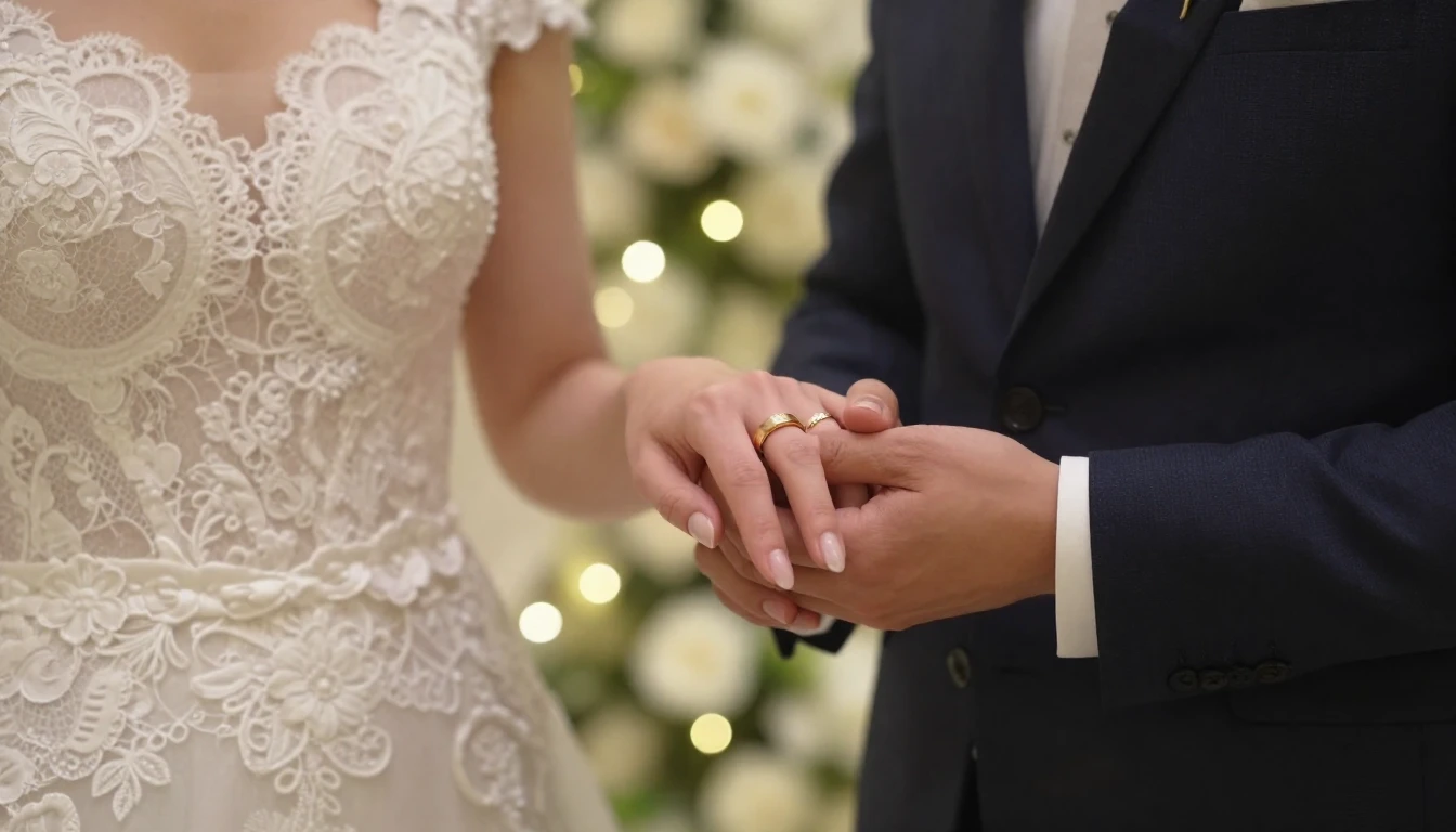 A romantic and elegant wedding scene, close-up of a bride an...