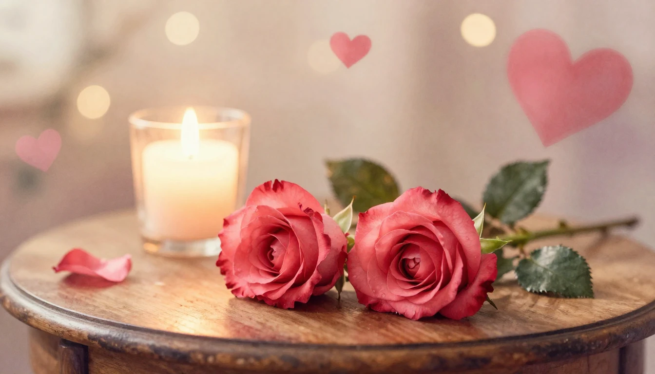 A dreamy and romantic scene featuring two delicate red roses...