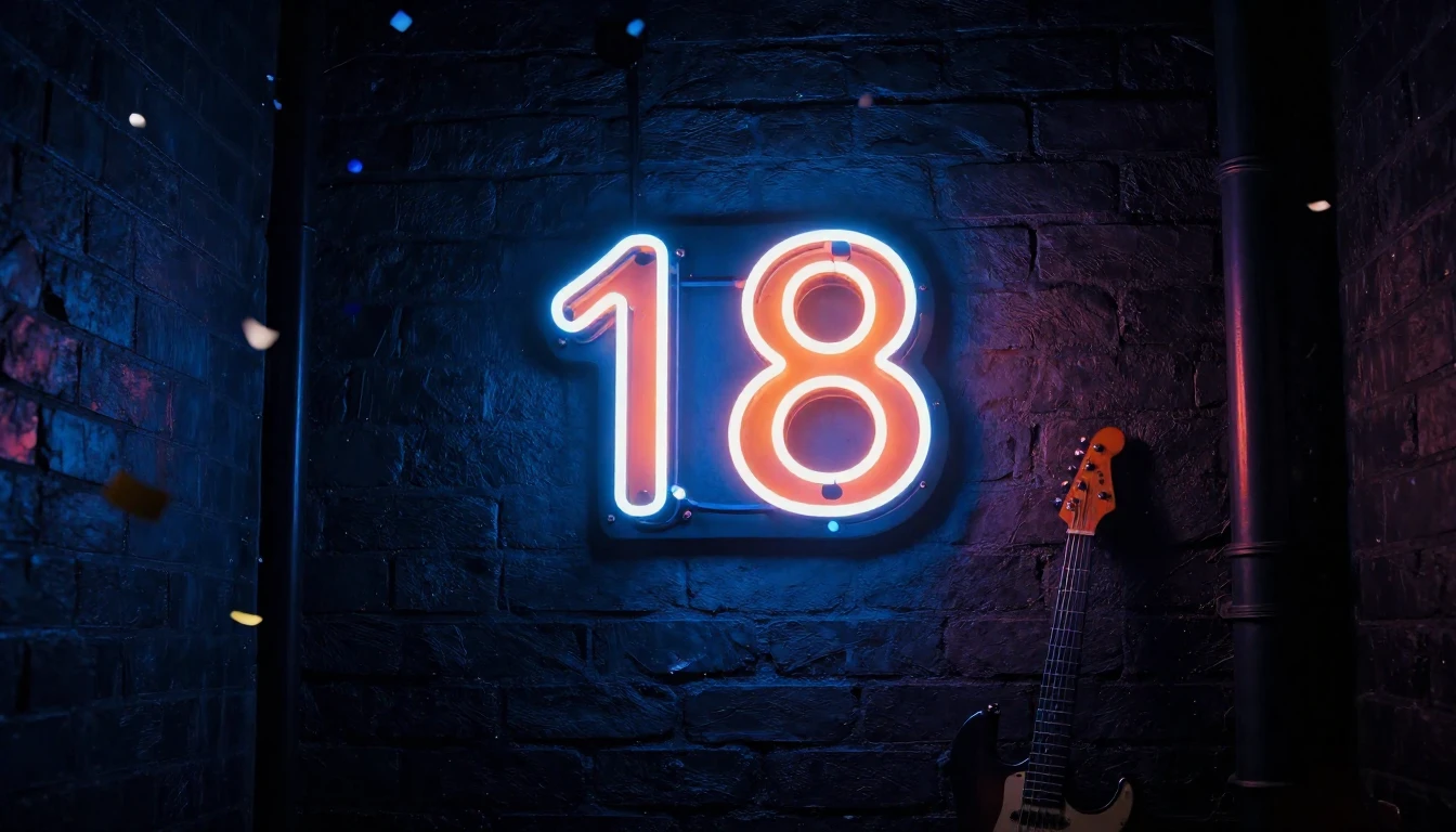 A glowing, electric neon sign displaying the number 18 attac...