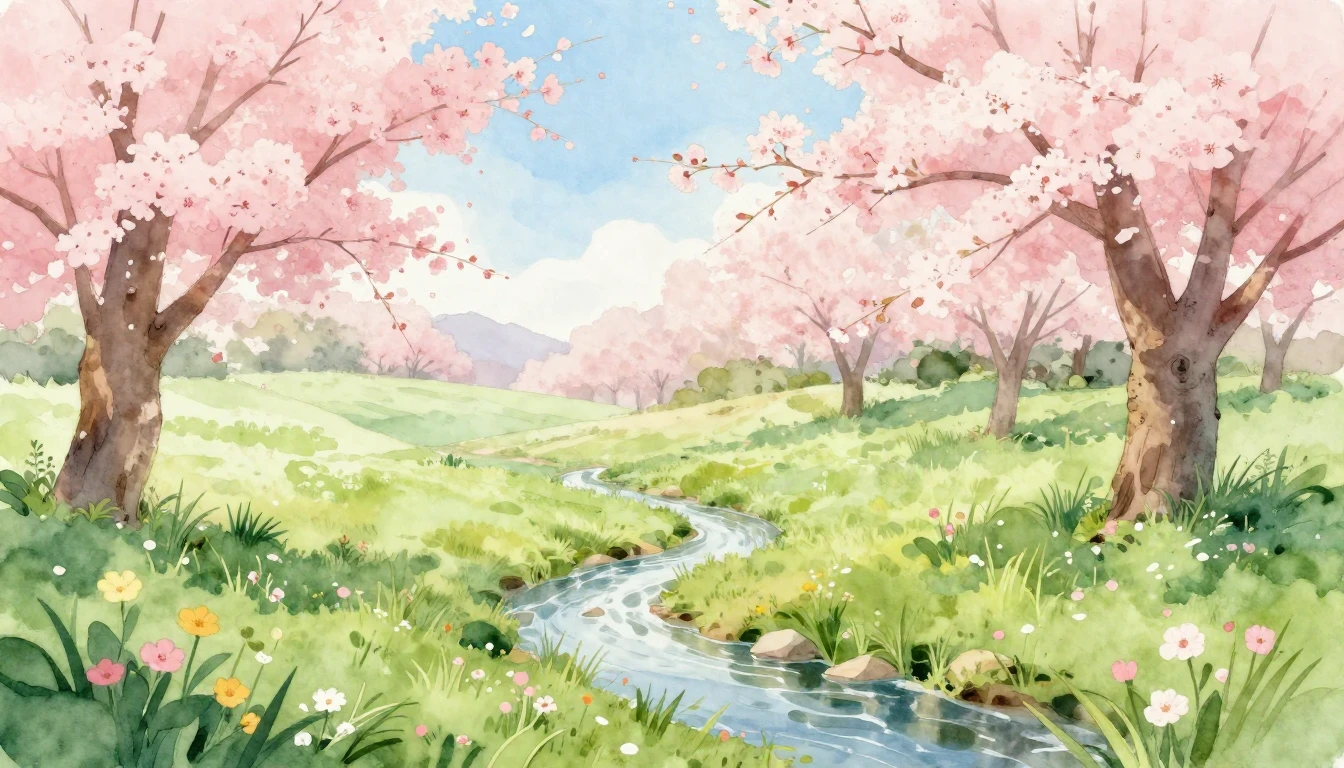 A beautiful watercolor painting of a lush meadow during earl...